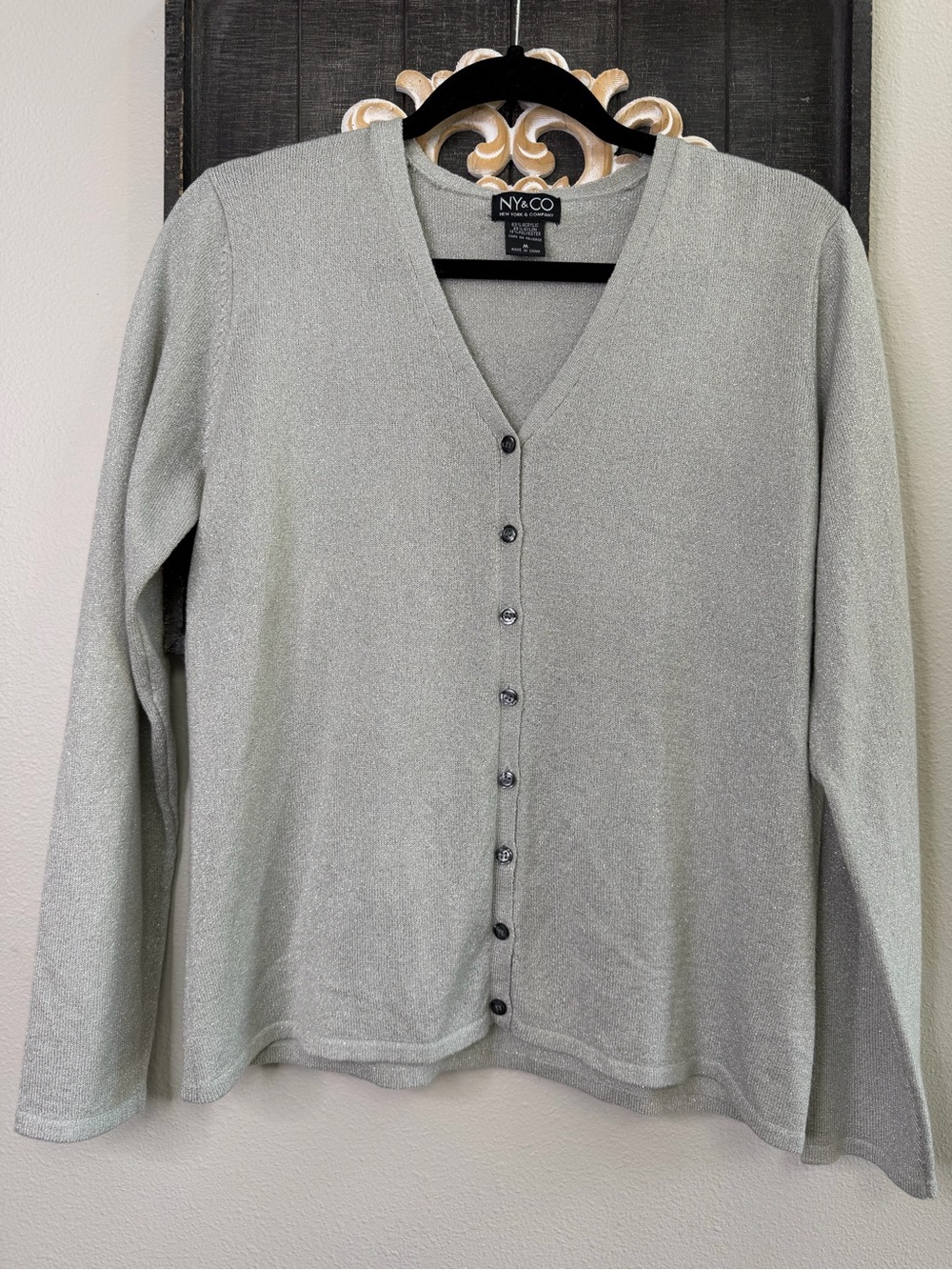 New York & Company Metallic Sparkly Silver V-Neck Button Cardigan